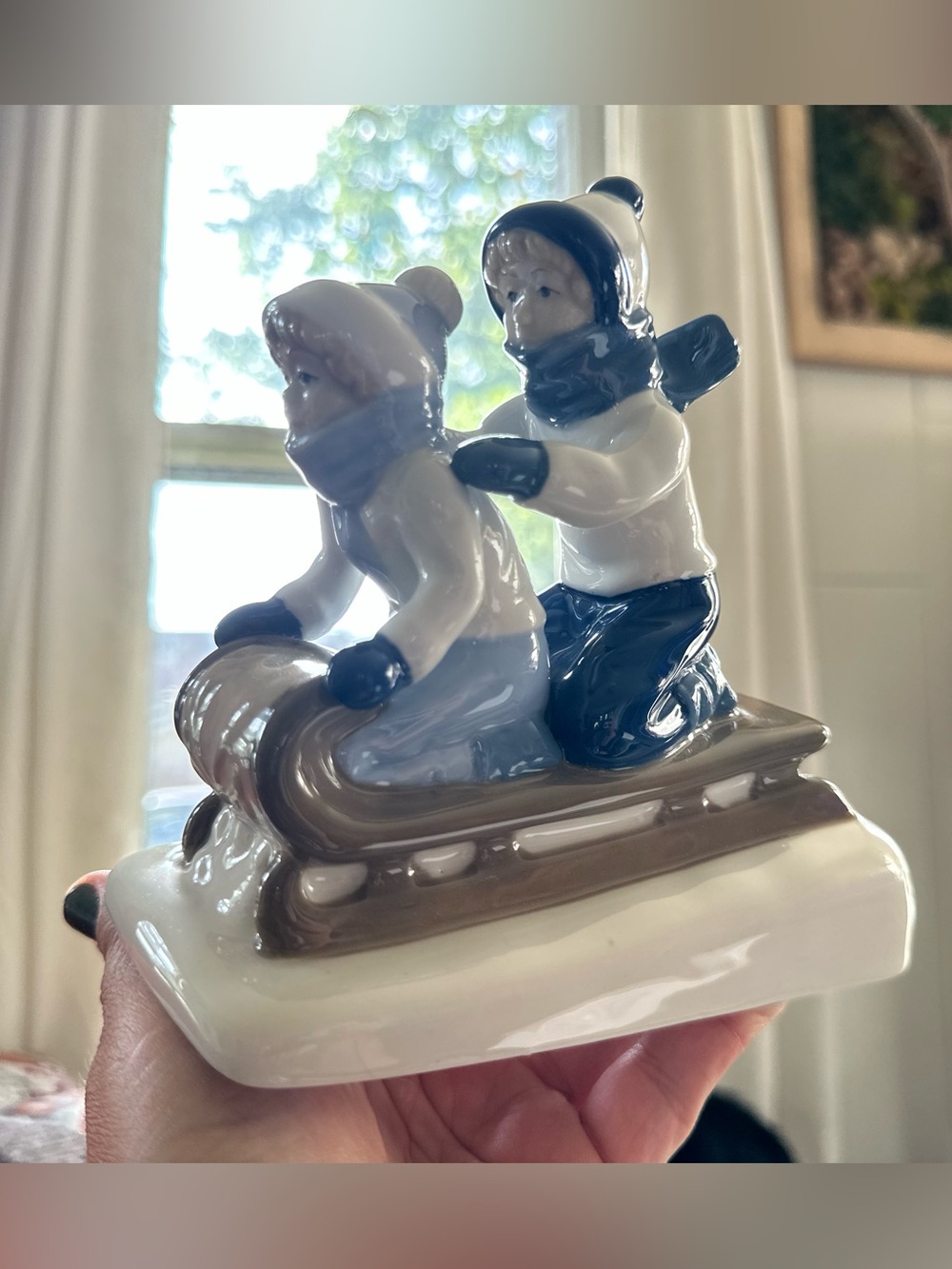 Vintage Porcelain Winter Sledding Kids Figurine in Blue and White - Orig Box!